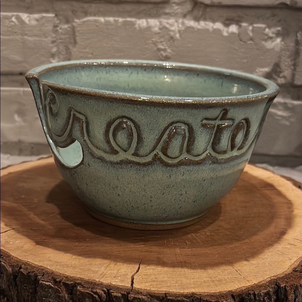 CREATE Signed Pottery Yarn Bowl Blue & Brown